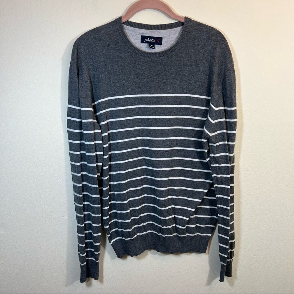Johnnie-O Sweater Men’s Gray White Striped‎ Crewneck Sweatshirt Silk Blend M